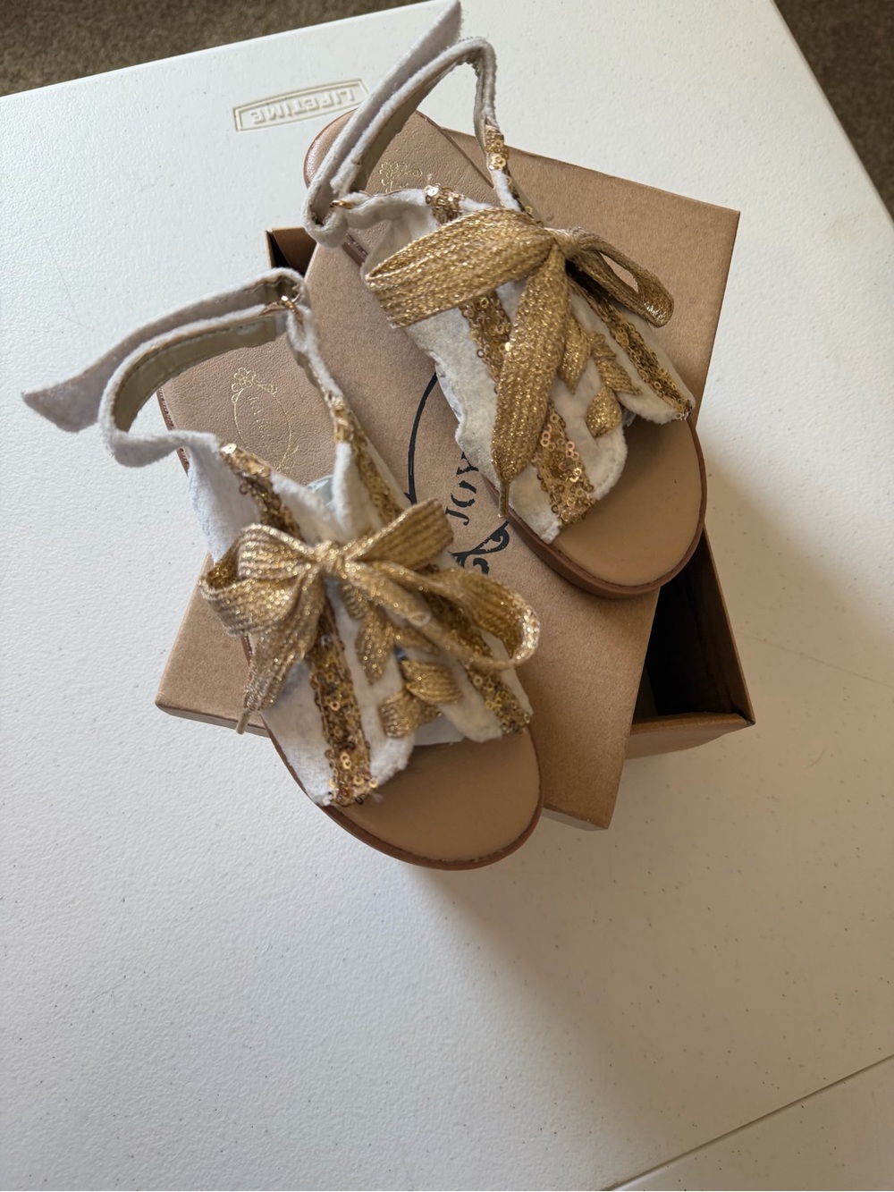 Joyfolie White and Gold Sequin Bow Sandals for Kids